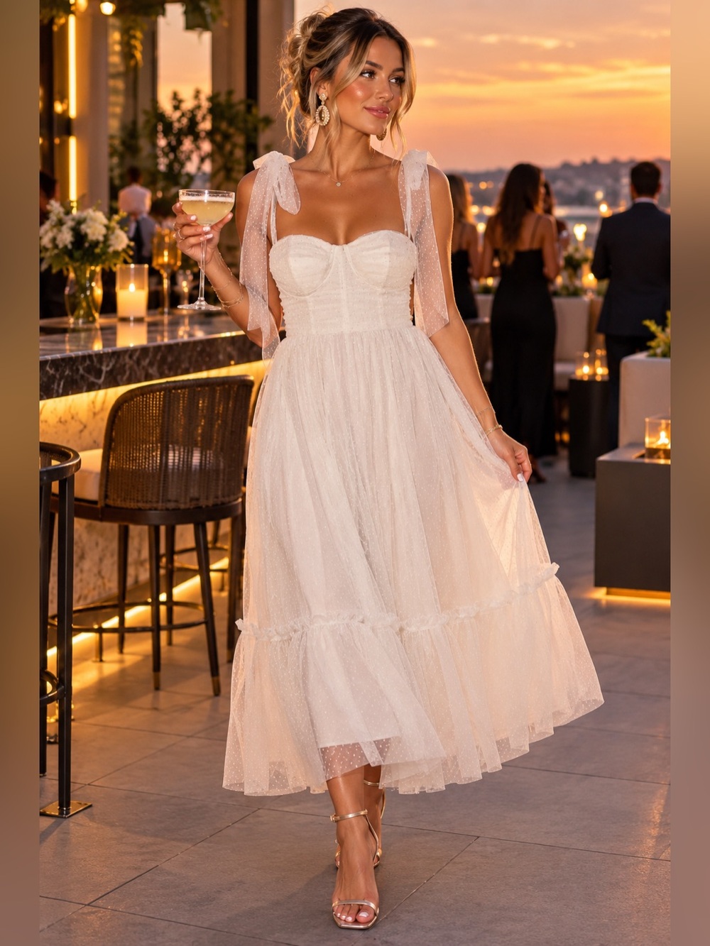 BiBi Cream Tulle Midi Dress with Tie Straps